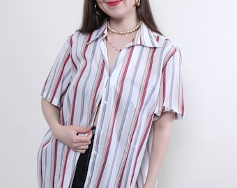 90s casual blouse, vintage summer striped button up, oversized short sleeve shirt, Size XL