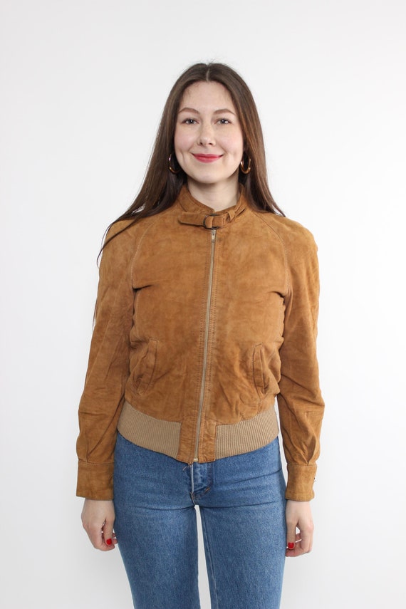 90s Tan Suede Bomber Jacket Cropped Zip Up Ribbed Trim Brown Leather Jacket M