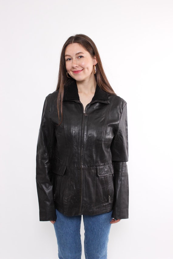 90s vintage leather fall jacket, retro casual style woman leather trench coat, Size L