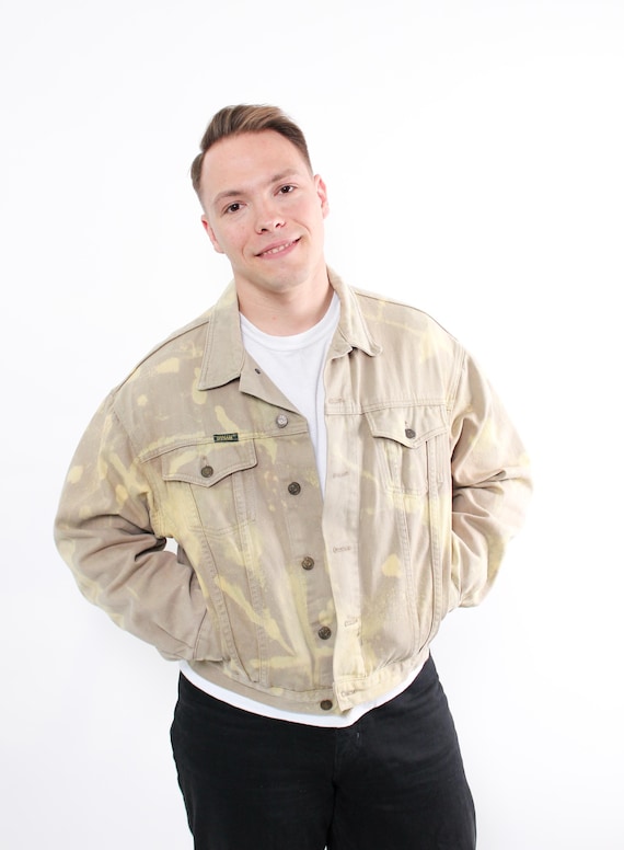 90s Beige Acid Wash Denim Trucker Jacket Vintage Bleached Oversized Workwear Size L