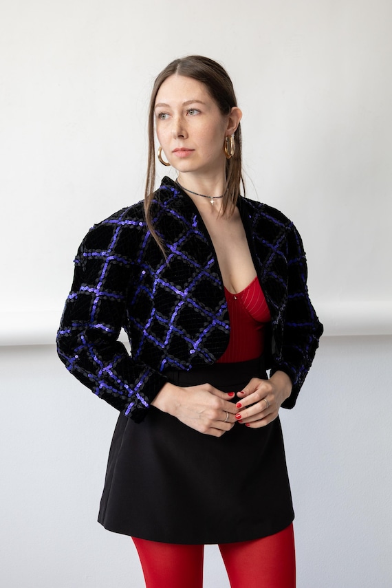 80s Black Blue Sequin Velvet Bolero Vintage Cropped Diamond Lattice Party Jacket Size M