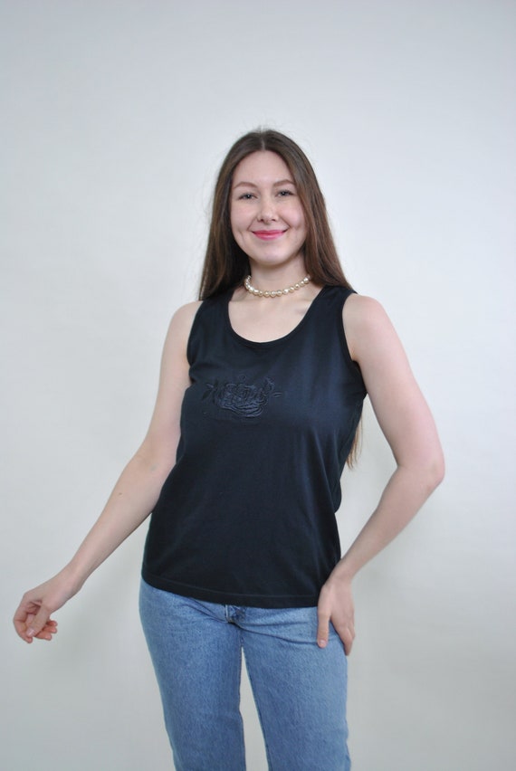 90s Vintage Black Tank Top: Floral Embroidery, Size M