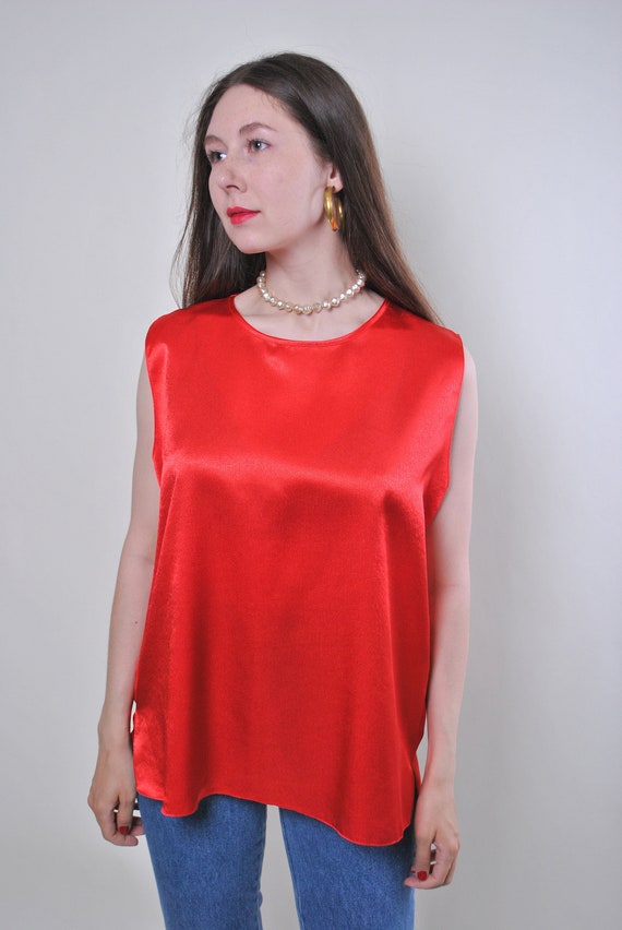 90s shiny red top, Woman vintage cocktail sleeveless blouse, Size M
