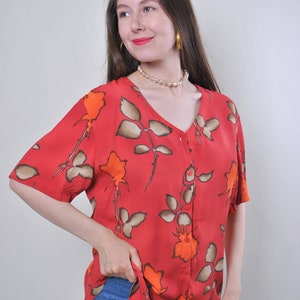 90s flowers print loose blouse, vintage button front summer floral blouse, Size L