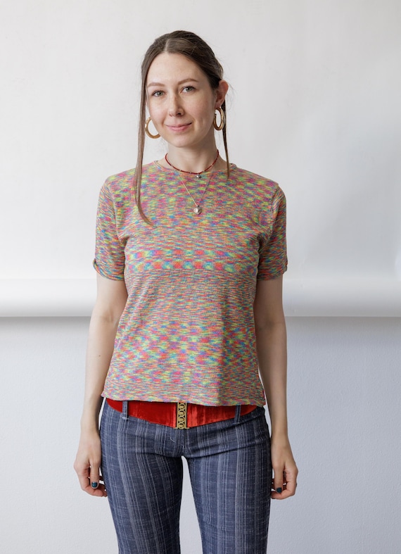 Y2K Rainbow Knit Top Vintage Multicolor Space Dye Baby Tee Size M