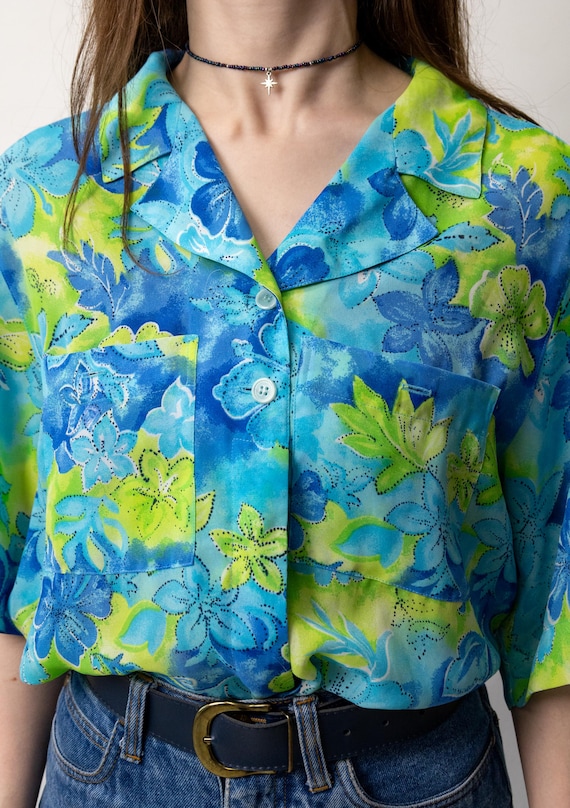 80s Blue Green Tropical Blouse Vintage Floral Camp Collar Boxy Vacation Shirt Size M
