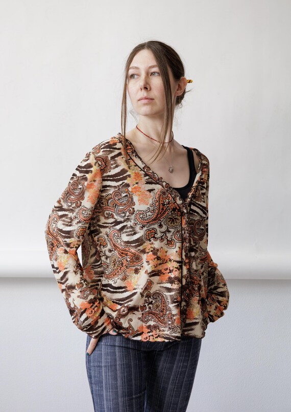 Y2K Paisley Zebra Blouse Vintage Beaded Sheer Orange Brown Lettuce Edge Top Size L
