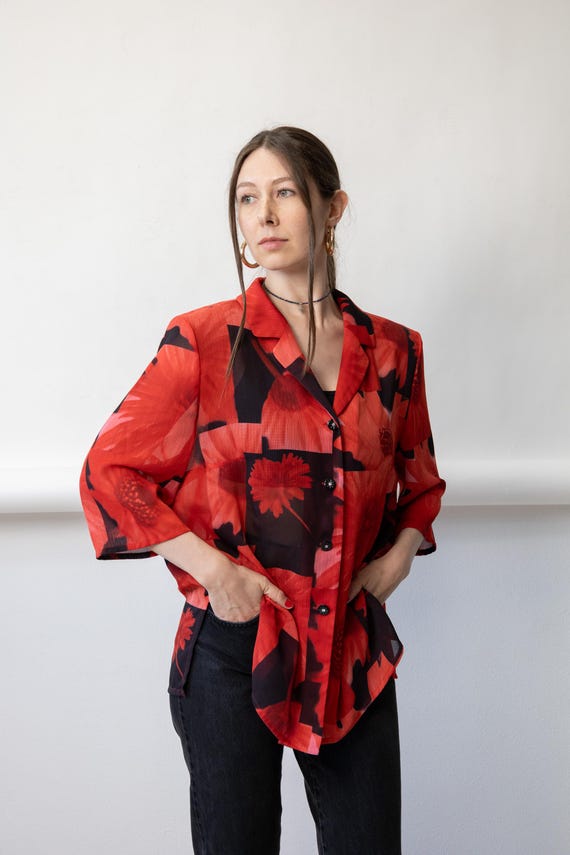 80s Red Poppy Print Blouse Vintage Sheer Notch Lapel Oversized Shirt Size L