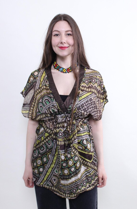 Tribal Print Silk Blend Blouse, Vintage 90s Abstract Kaftan Top, Size M