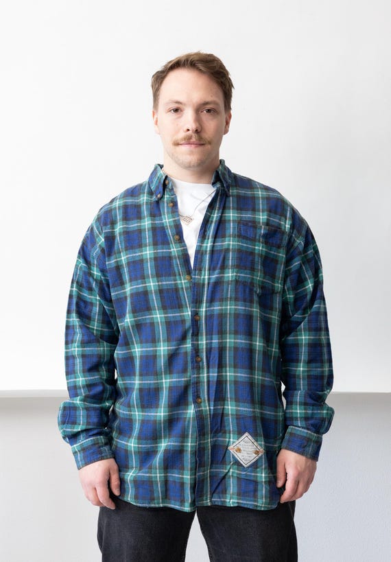 90s Highland Tartan Shirt Vintage Blue Green Check Button Down Heritage Size M