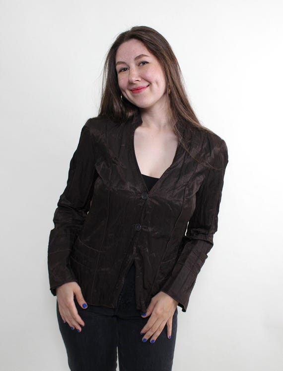 Brown Crinkle Jacket Shawl Collar Y2K Mob Wife Fitted Womens M