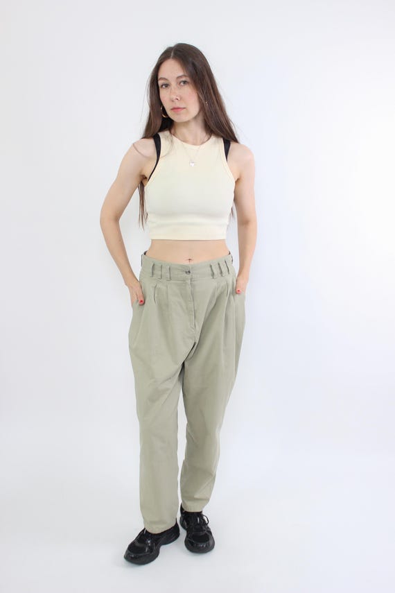 Vintage 90s Beige High Waist Pleated Pants – Cotton Trousers with Tapered Leg, Size M