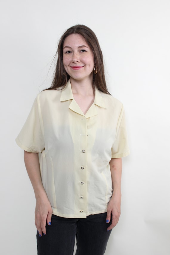 90s yellow minimalist blouse, vintage short sleeve formal sheer blouse, Size M