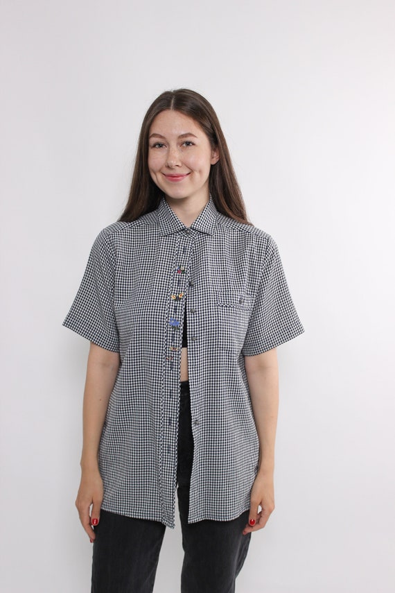 90s Bavarian flowers embroidery shirt, vintage plaid pattern Austrian floral blouse, Size M