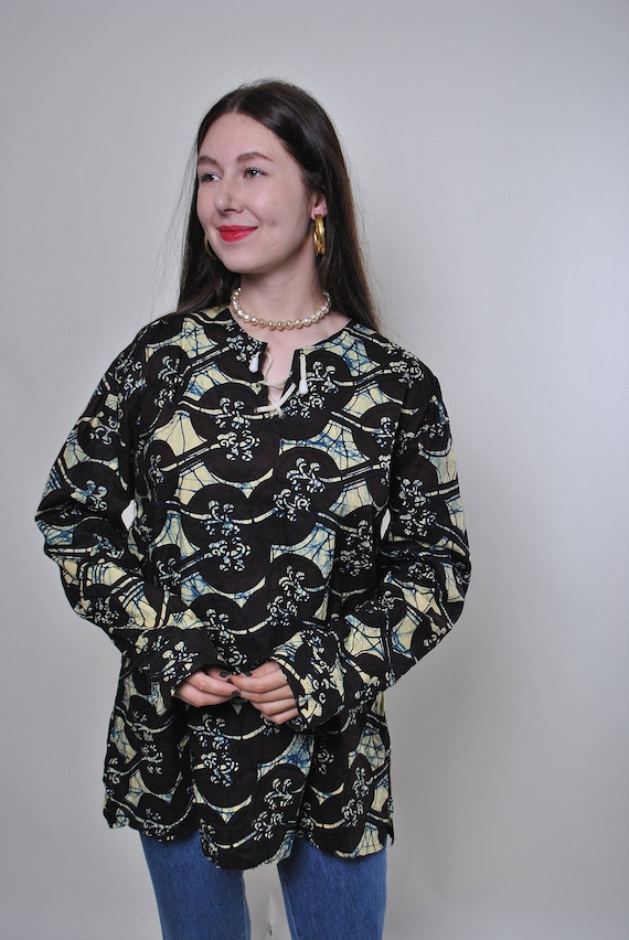 90s abstract print poncho shirt, vintage tie neck oversized pullover shirt, Size XL