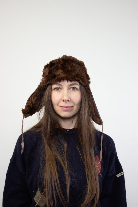 Vintage 90s Winter Hat Brown Faux Fur Trapper Style, Warm Cold Weather Accessory