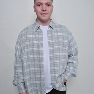90s Vintage Cotton Plaid Shirt: Gray Check Button Up, XL
