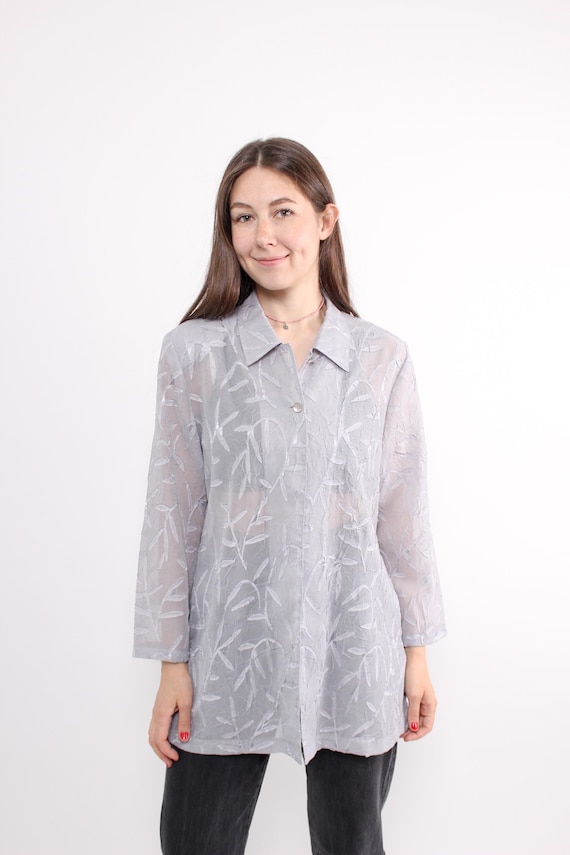 Vintage Floral Sheer Blouse, 90s Flowers Embroidery Romantic Summer Button-Up Shirt, Size M