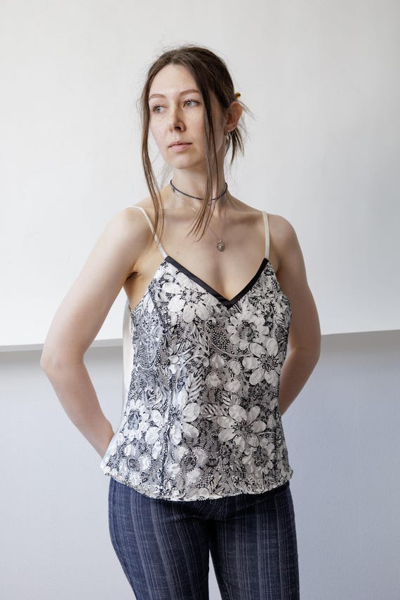 90s White Floral Lace Cami Top V Neck Spaghetti Strap Slip Camisole Tank S