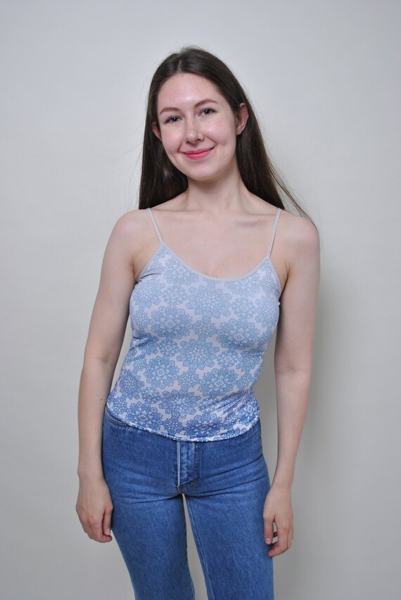 Blue Lace Print Cami Top 90s Vintage Stretch Floral Medallion Spaghetti Tank Size S
