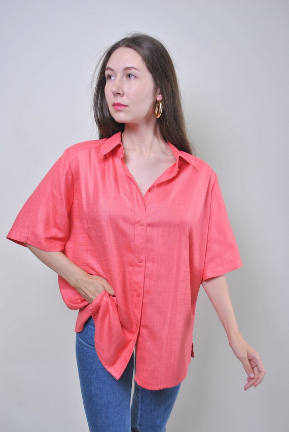 Vintage 90s Coral Oversized Shirt, Linen-Look Blouse, German Made Summer Top