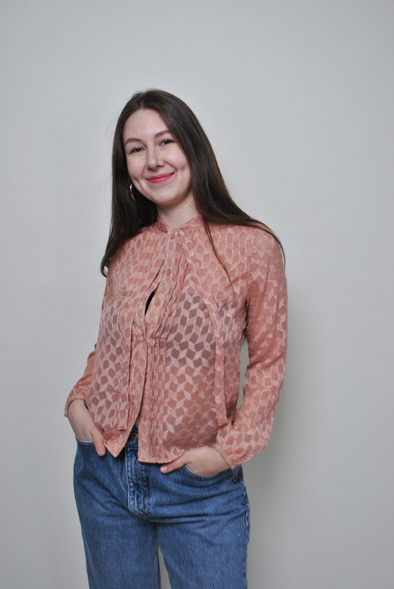Y2k Blush Pink Sheer Pussybow Blouse Devore Geometric Burnout Romantic Top Medium