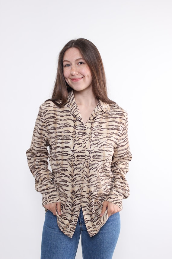 90s tiger print blouse, retro striped relaxes summer blouse, Size M