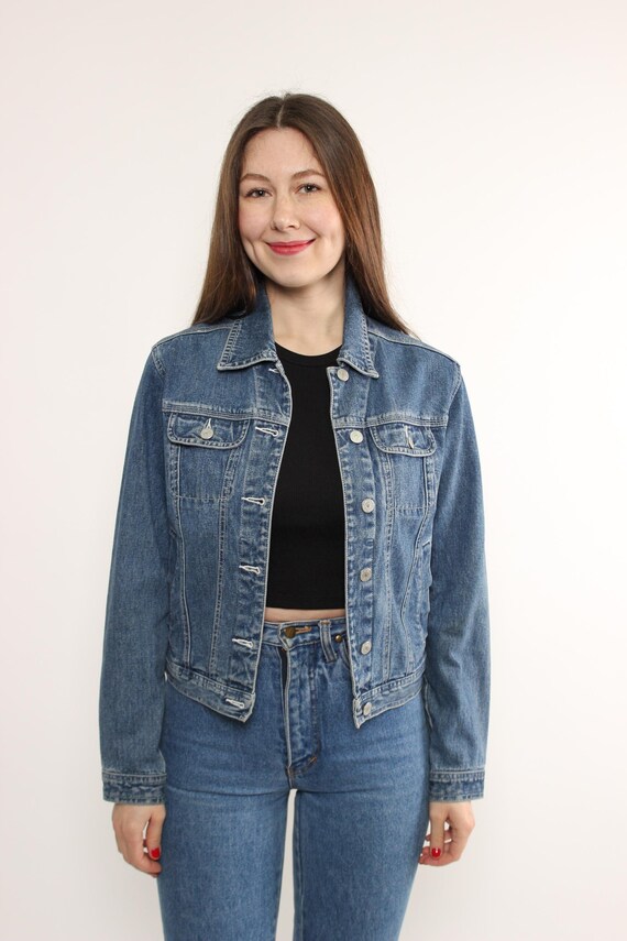 90s Denim Jacket Vintage Medium Wash Cropped Trucker Snap Button Size M