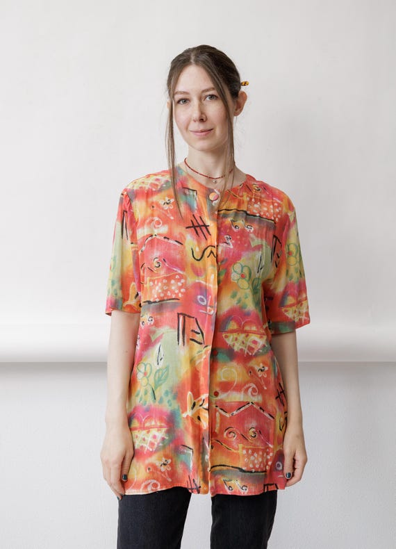 90s Abstract Art Print Shirt Vintage Coral Multicolor Longline Tunic Blouse Size L