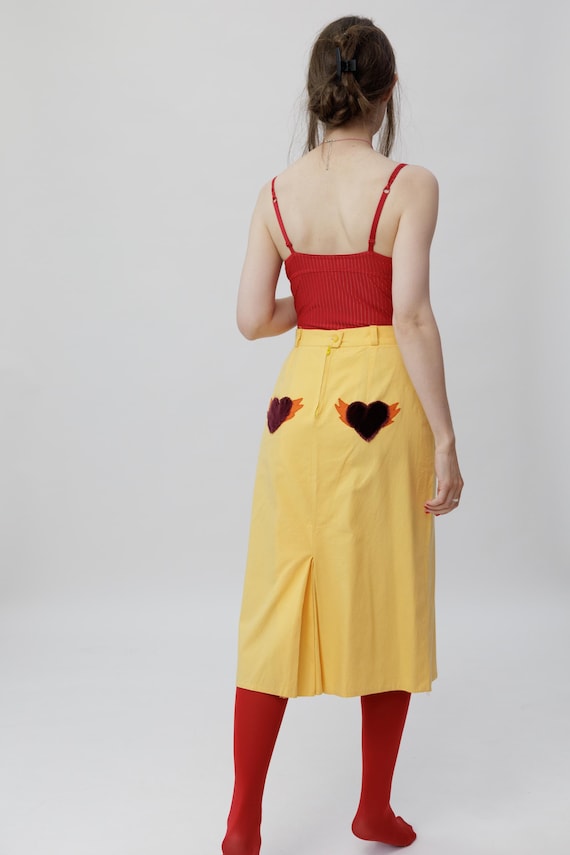 Vintage Yellow Pencil Midi Skirt Velvet Heart Applique Size M
