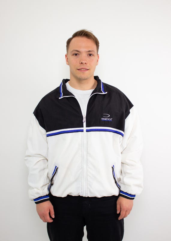 90s Colorblock Track Jacket Vintage Black White Blue Zip Shell Size XL