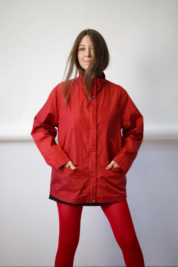 Red Rain Jacket 90s Vintage Oversized Zip Up Windbreaker Longline Shell Coat Size M