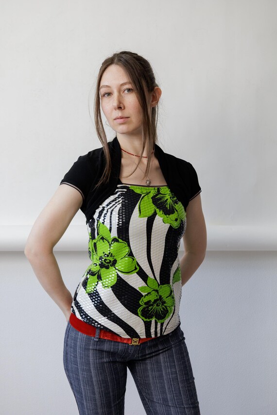 Y2K zebra print top with lime green flowers, textured glossy party blouse, size Medium