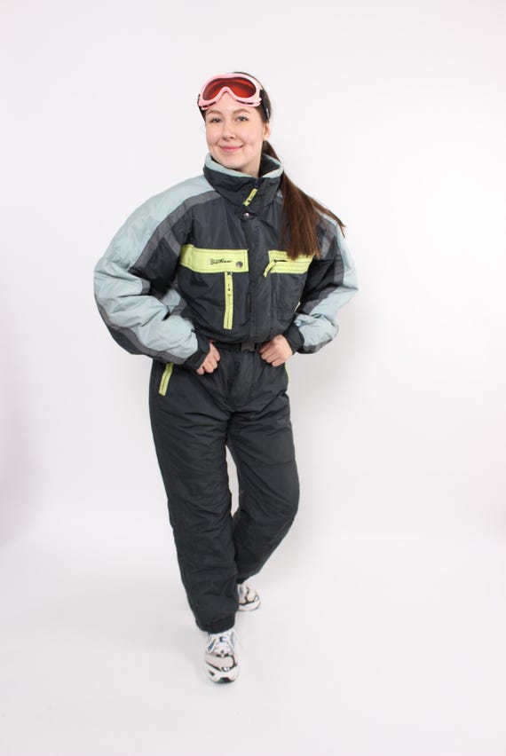 Vintage 90s Insulated Winter Jumpsuit, Colorblock One PieceSki Suit, Size M