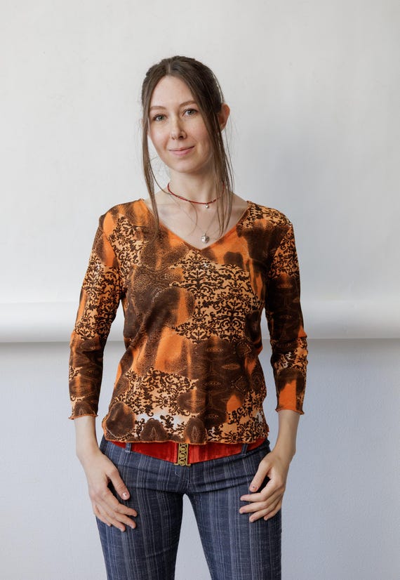 Y2K orange mesh top baroque print sheer v neck lettuce hem blouse, size Medium