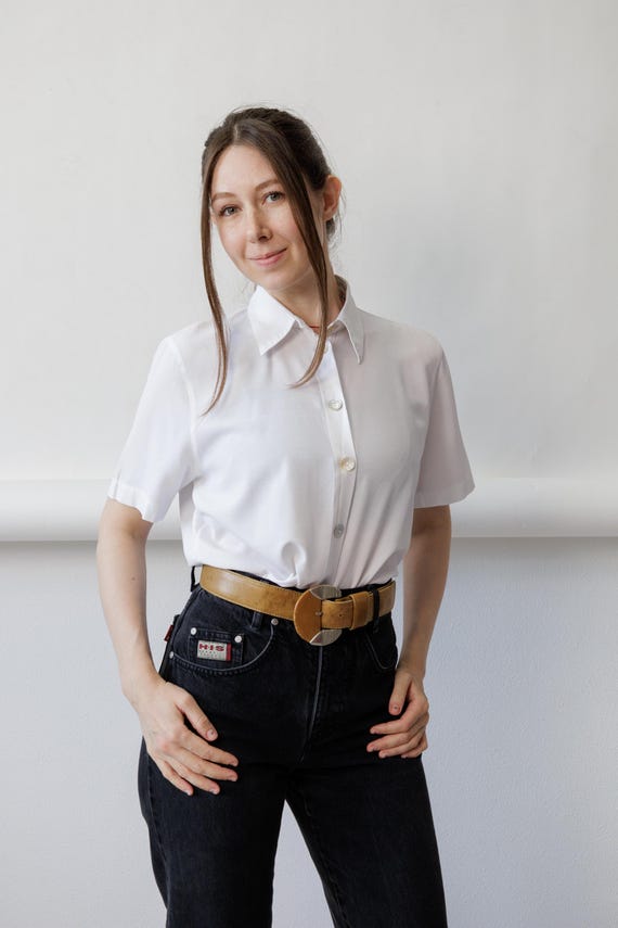 90s White Minimalist Blouse Vintage Pointed Collar Shell Boxy Short Sleeve Shirt Size L