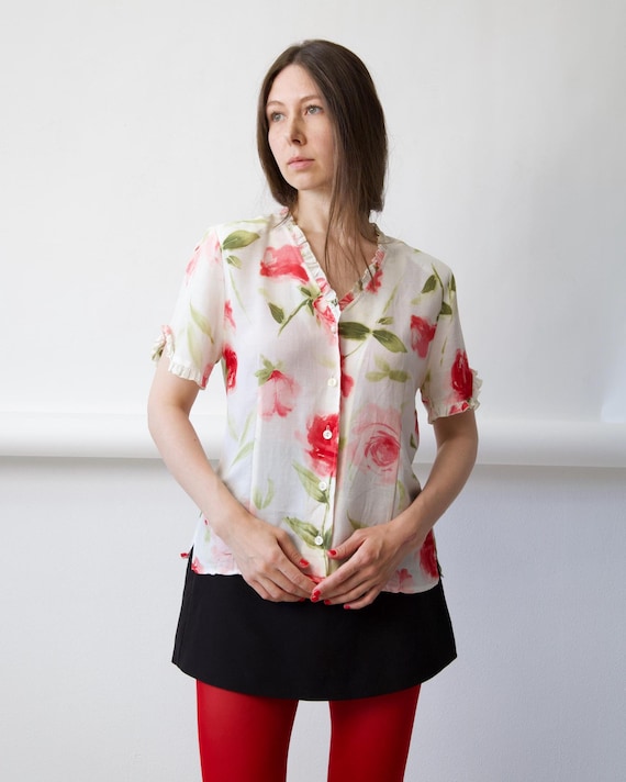 90s Rose Print Ruffled Collar Blouse Vintage Floral Top