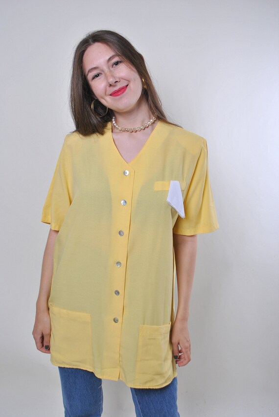 Butter Yellow Longline Blouse Pocket Square Detail V-Neck Vintage 90s M