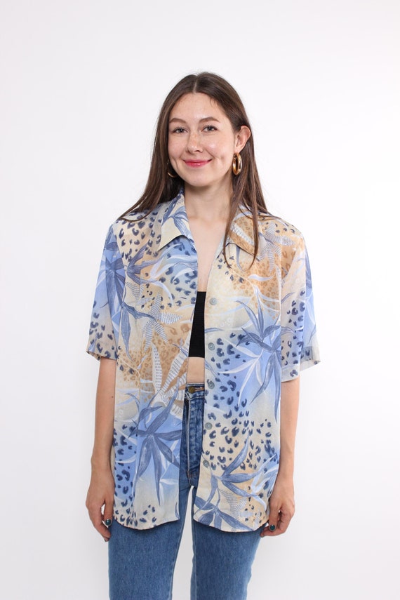 Blue Tropical and Leopard Mixed Print Blouse, 90s Sheer Oversized Button Up, L
