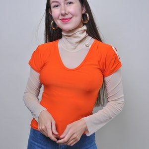 y2k turtleneck pullover blouse in orange, vintage 2000s double colors stretchy blouse, Size S