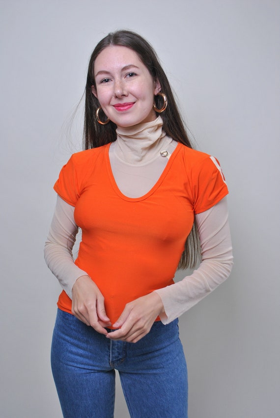 y2k turtleneck pullover blouse in orange, vintage 2000s double colors stretchy blouse, Size S