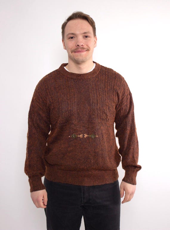 90s Brown Wool Sweater Vintage Embroidered Cable Knit Crew Neck Jumper Size L