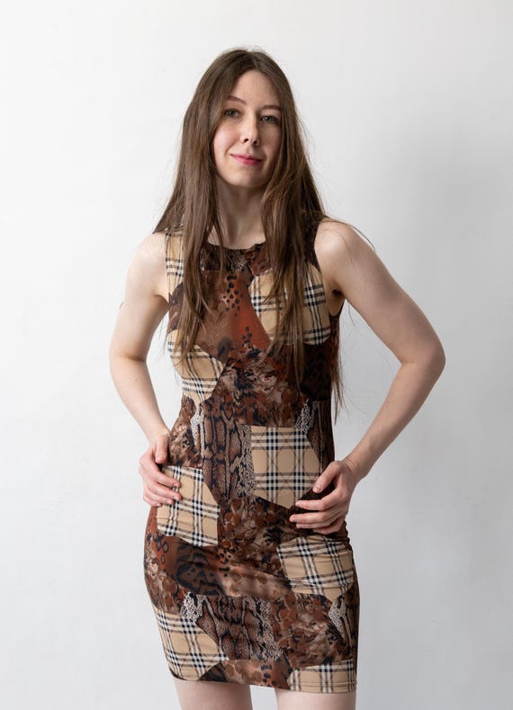 Y2K Patchwork Print Mini Dress Bodycon Plaid Snake Leopard Vintage Size XS