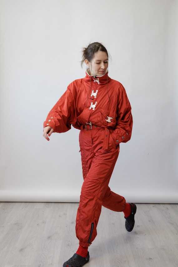 90s Burnt Orange Clasp Front Vintage Ski Suit One Piece Snowsuit Batwing Size M