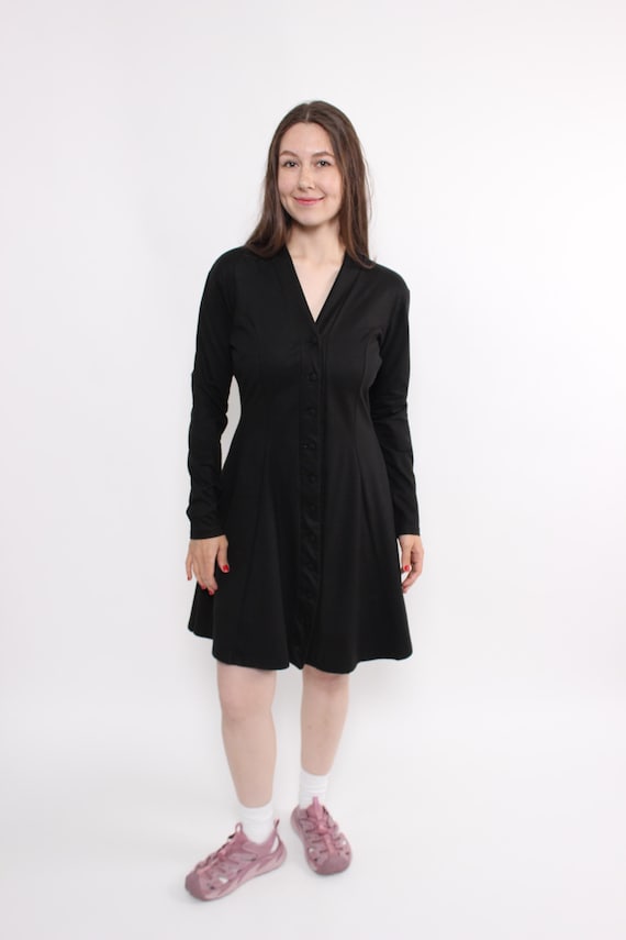 90s Black Button Front Dress Vintage Long Sleeve Fit Flare Mini Size M