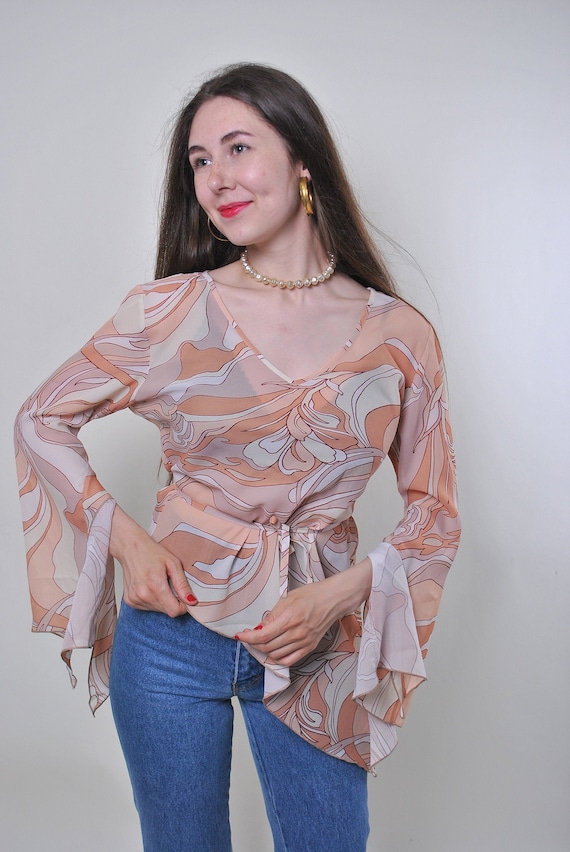 Peach Abstract Swirl Blouse Flutter Bell Sleeves Drawstring Waist Vintage Y2K M