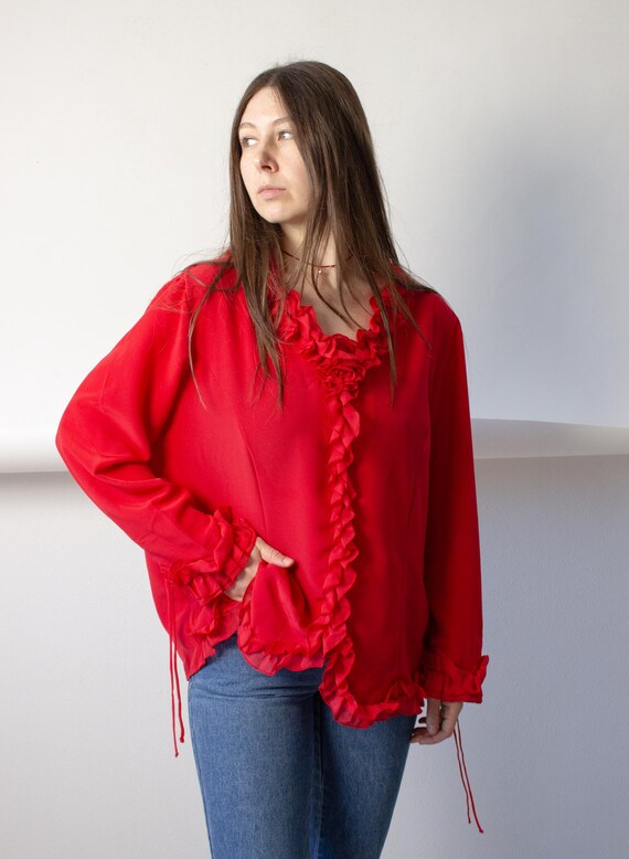 Red Ruffle Blouse 90s Vintage Rose Detail Romantic Oversized Long Sleeve Top Size L