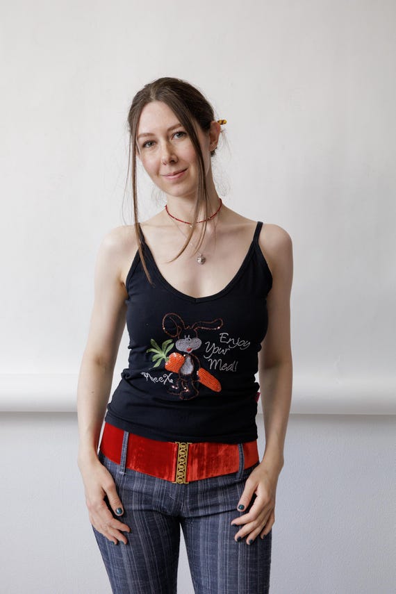 Y2k Sequin Bunny Embroidered Black Cami Carrot Rabbit Spaghetti Strap Tank Top Size S