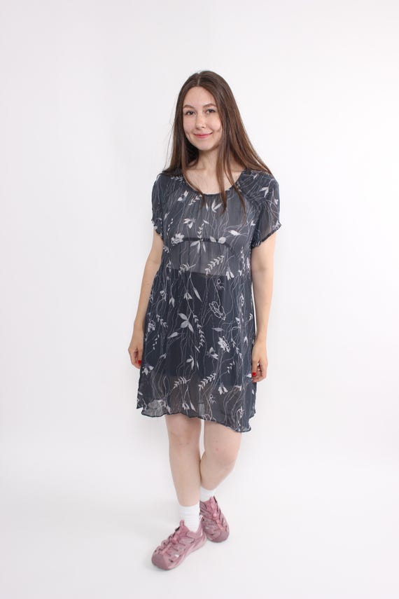 90s Dark Botanical Sheer Babydoll Dress Vintage Navy Floral Mini Size L