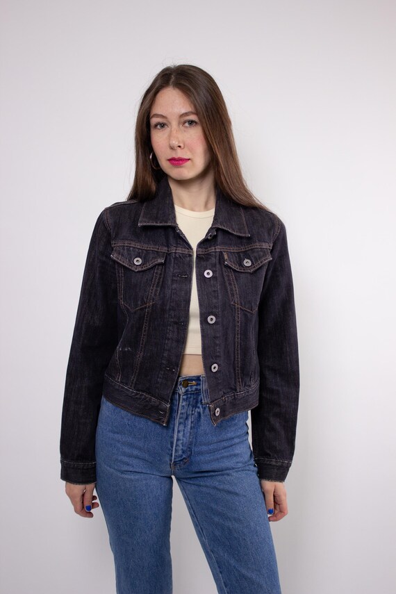 90s Dark Indigo Denim Jacket Vintage Cropped Fit Contrast Stitch Cotton Size M